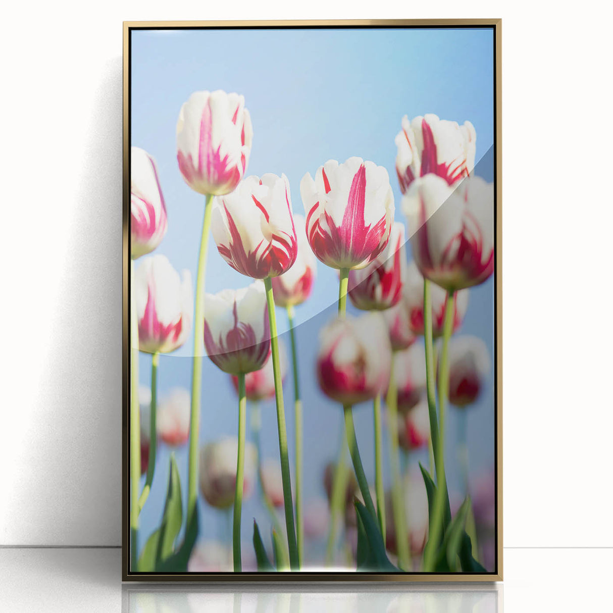 Large art print of a mid-century modernist spring scene in pastel shades on acrylic, framed in gold.