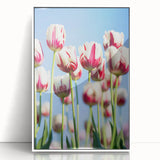 Art deco poster featuring a stylized spring season design in pastel colors, framed in white acrylic.