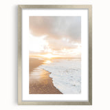 Textured abstract art print depicting summer themes in vibrant hues, framed in silver, suitable for bedroom decor.