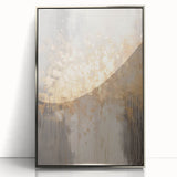 Mid-century modernist art depicting a winter scene in muted blue and white tones, framed in silver acrylic.