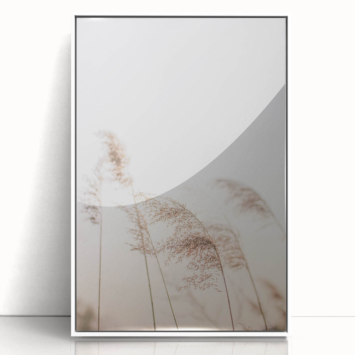 Art deco poster of a stylized summer scene in pastel shades, framed in white acrylic, suitable for nursery wall art.
