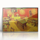 Large art print of a Van Gogh-inspired scene on silver-framed acrylic, featuring vibrant blue and yellow tones.
