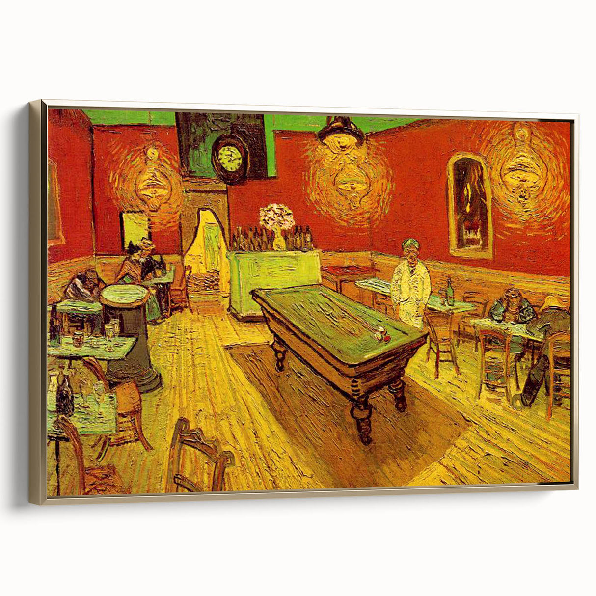 Side view of a framed canvas depicting a Van Gogh landscape painting in muted gold and black tones.