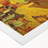 Art deco poster featuring a starry night scene with swirling blue and yellow hues on rolled canvas.