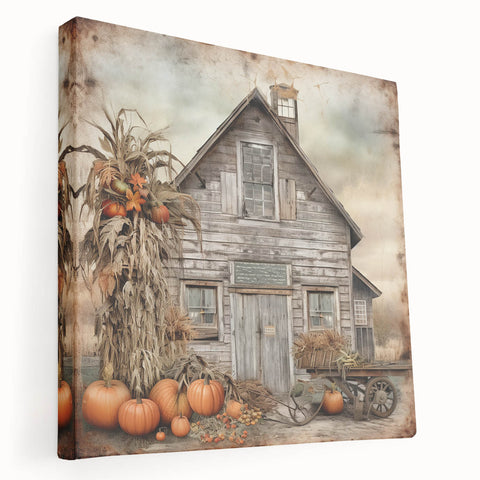 Country Style Art with Pumpkins and Barn - Rustic Farmhouse Wall Decor