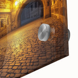 Close-up image of an acrylic landscape artwork depicting a majestic castle surrounded by lush greenery and a clear blue sky, showcasing vibrant colors and intricate details. Perfect for home decor enthusiasts seeking to enhance their space with elegant art.