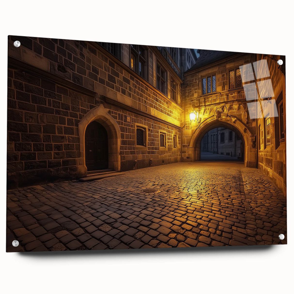 Acrylic glass artwork showcasing a scenic landscape with a castle, displayed from a side view and secured with pins, perfect for home decor or gallery exhibitions.