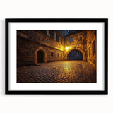 Framed landscape artwork depicting a majestic castle surrounded by lush greenery, presented with a sleek black mat for an elegant finish, perfect for home decor.