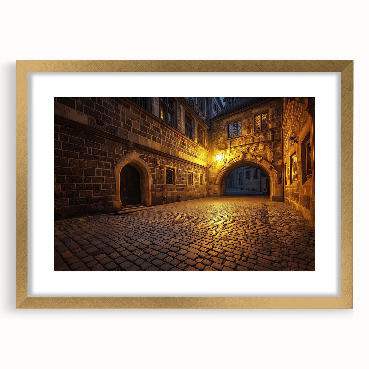 Elegant gold-framed landscape artwork showcasing a picturesque castle scene with intricate matting, perfect for enhancing home decor aesthetics.