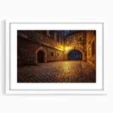 Elegant white-framed landscape artwork depicting a picturesque castle surrounded by lush greenery, designed with a mat for added sophistication. Perfect for home decor.