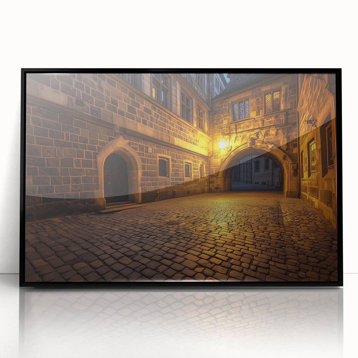 Framed acrylic artwork showcasing a picturesque landscape with a majestic castle set against a vibrant sunset, featuring a sleek black frame that enhances its elegance. Ideal for home decor or office settings, this piece adds a touch of sophistication and charm to any space.