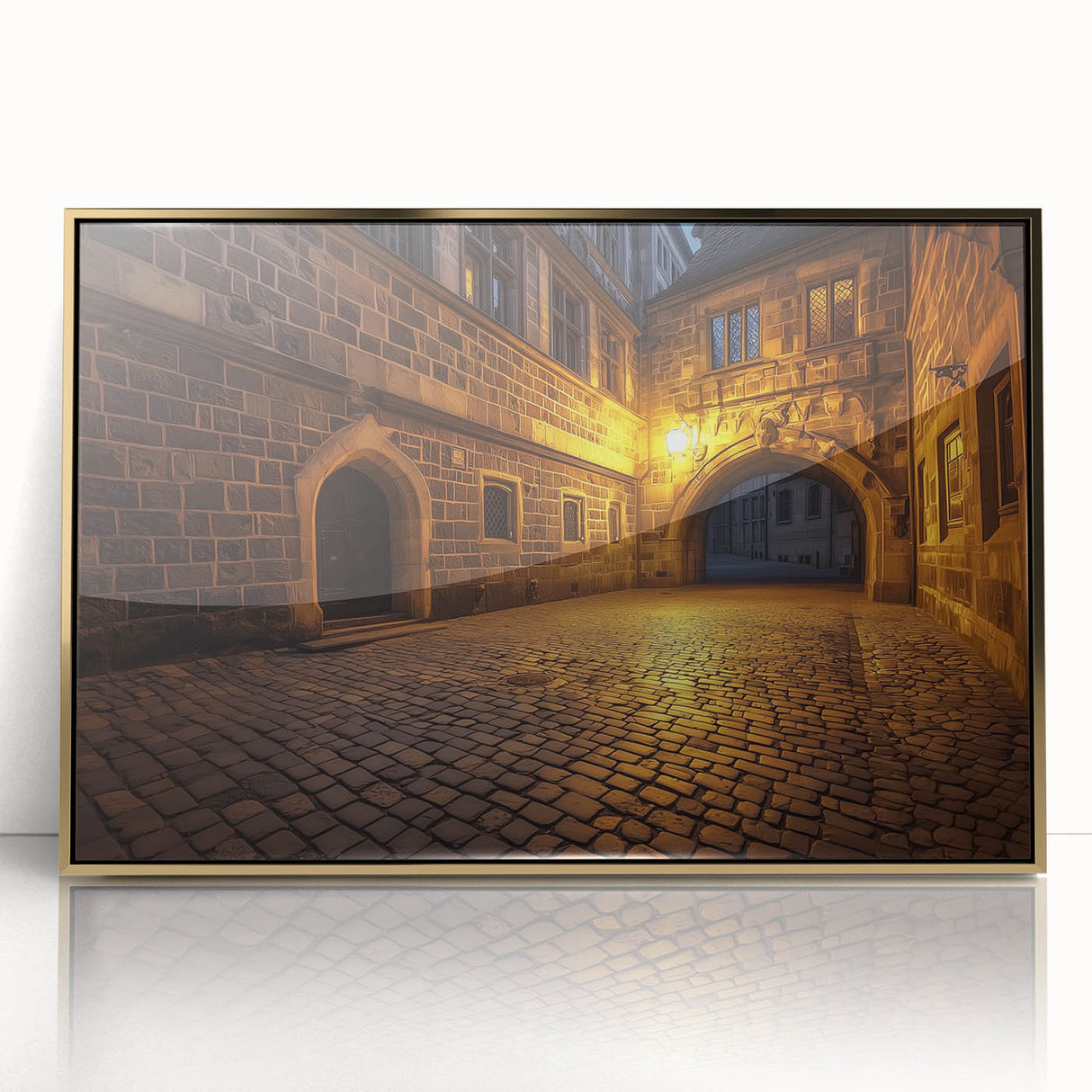 Elegant framed acrylic art piece showcasing a stunning landscape of a majestic castle, highlighted by a luxurious gold frame, perfect for home decor.