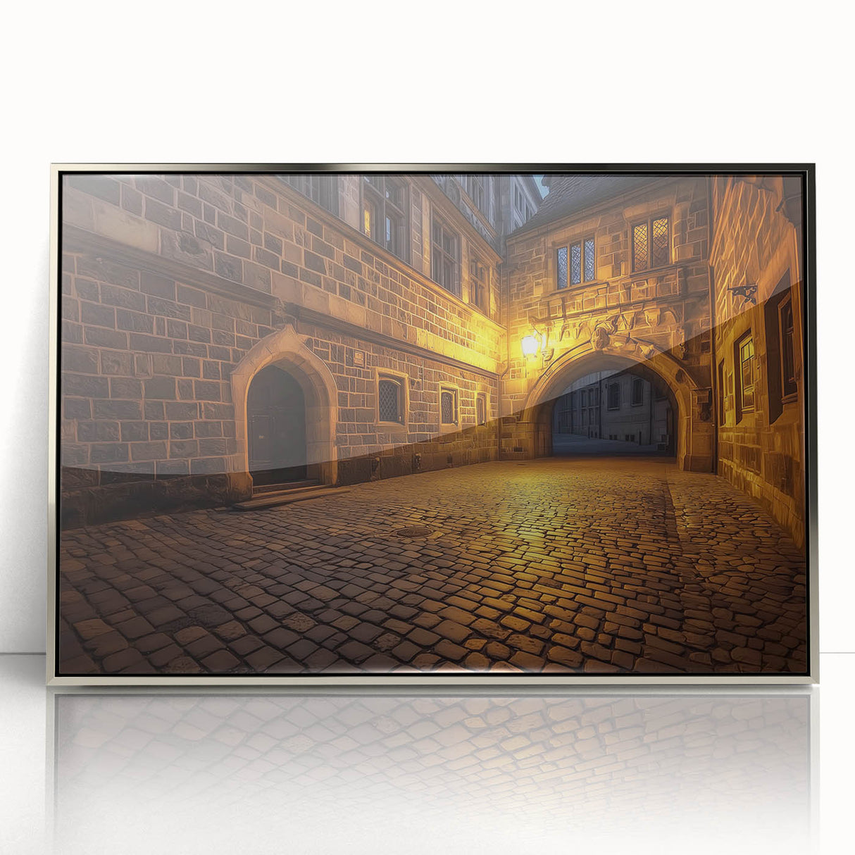 Framed acrylic artwork showcasing a stunning landscape with a castle, featuring a silver border, ideal for home decor and enhancing interior aesthetics.