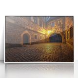 Framed acrylic artwork showcasing a vibrant landscape scene with a medieval castle, set in a sleek white frame, perfect for home decor and art enthusiasts.