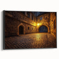 Framed canvas artwork showcasing a scenic landscape of a majestic castle, presented in a sleek black frame, ideal for enhancing home decor. The vivid colors and intricate details of the castle create a stunning focal point for any room.
