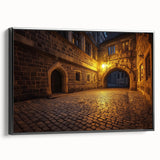 Framed canvas artwork showcasing a scenic landscape of a majestic castle, presented in a sleek black frame, ideal for enhancing home decor. The vivid colors and intricate details of the castle create a stunning focal point for any room.