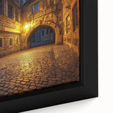 Close-up of a framed canvas artwork showcasing a vibrant landscape featuring a majestic castle surrounded by lush greenery and a clear blue sky, ideal for home decor.