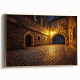 Framed canvas artwork depicting a stunning landscape with a majestic castle, featuring a gold frame and side view, perfect for home decor.