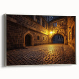 Framed canvas artwork depicting a stunning landscape with a majestic castle, featuring a silver frame and an elegant side view, perfect for home decor.
