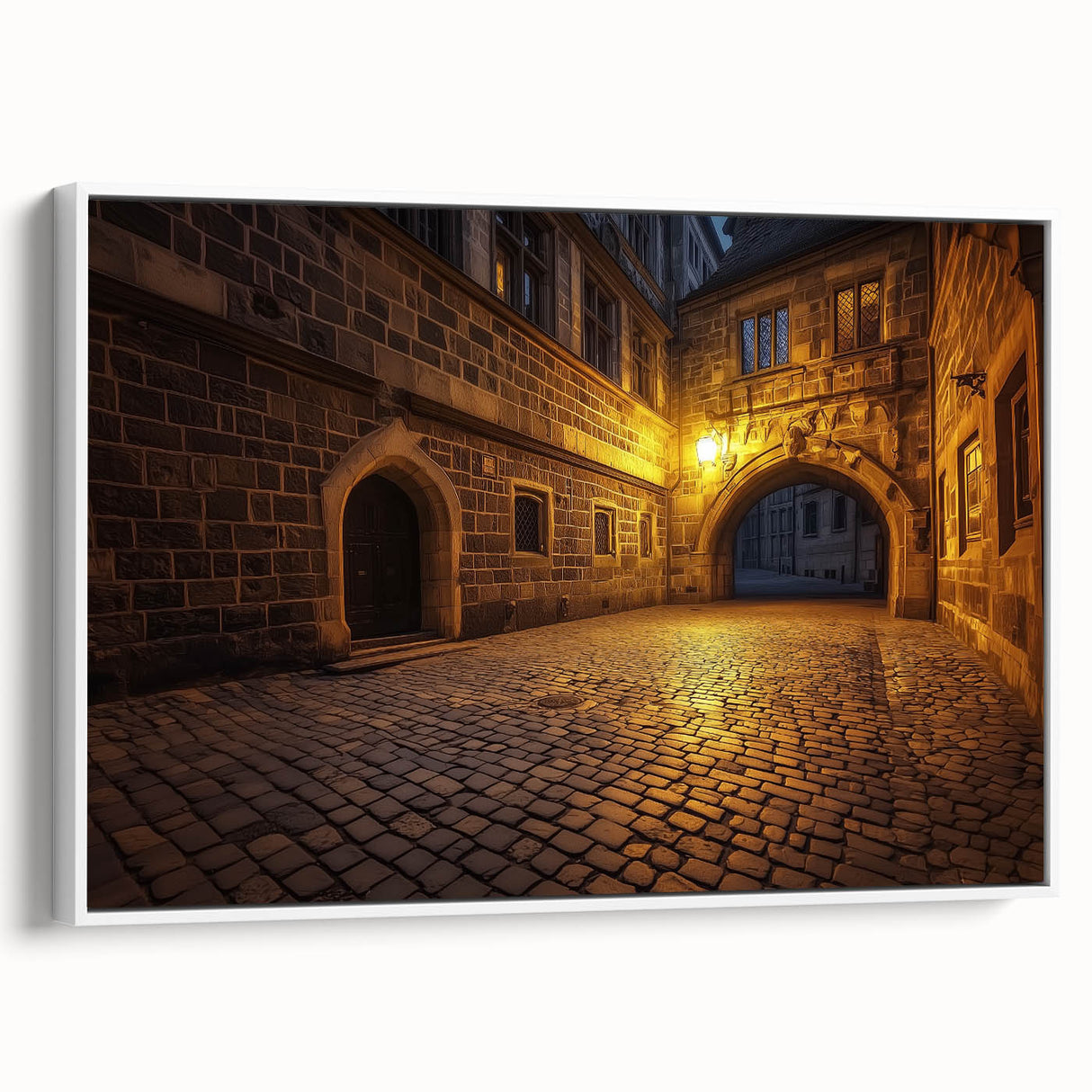 Framed canvas artwork showcasing a stunning landscape with a majestic castle, featuring vibrant colors and intricate details, displayed against a white background.