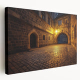 Stretched canvas artwork showcasing a picturesque landscape with an intricate castle set against a vibrant sky. Ideal for home decor, this serene piece adds elegance to any room.