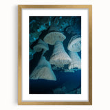 Elegant gold-framed landscape art featuring a serene cave scene, enhanced with a white mat for a polished look, perfect for home décor and art enthusiasts.