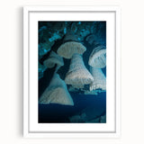 Framed landscape artwork depicting a serene cave scene, featuring vibrant colors and intricate details, elegantly matted in white for a polished presentation. Ideal for enhancing home decor with a touch of nature-inspired elegance.