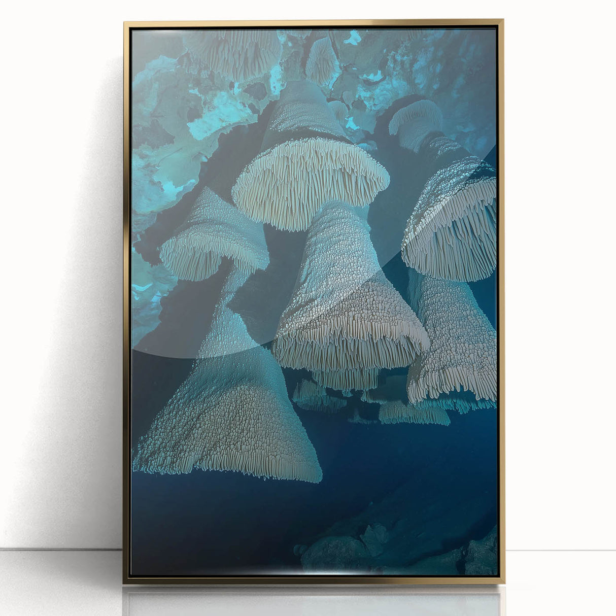 Framed acrylic artwork showcasing a stunning landscape of caves, highlighted with a gold front finish, perfect for modern home decor. Ideal for nature art enthusiasts.