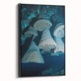 Framed canvas artwork depicting a stunning landscape of caves, showcasing intricate details and vibrant colors, presented in a sleek black frame for modern decor.