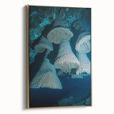 Framed canvas artwork depicting a stunning landscape with caves, featuring a gold frame and side view showcasing intricate details and textures, ideal for home decor.