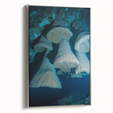 Framed canvas artwork depicting a serene landscape with cave formations, featuring a silver frame, ideal for modern home decor and art enthusiasts.