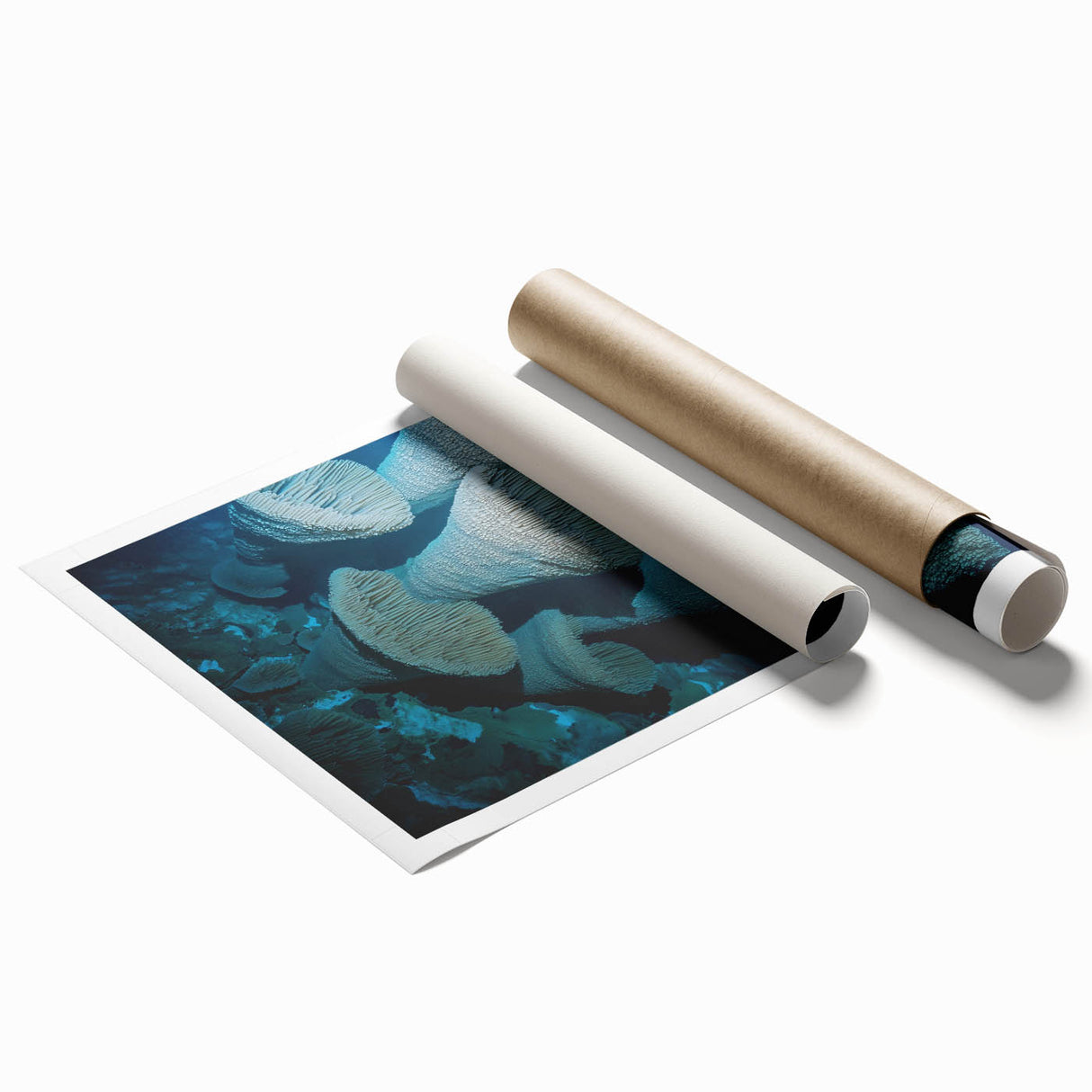 Rolled print showcasing a vibrant landscape scene with cave formations, featuring rich earth tones and detailed textures, packaged securely for delivery.