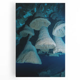 Stretched canvas artwork depicting vibrant landscapes with intricate cave formations, showcasing rich earth tones and dramatic textures, ideal for home decor.