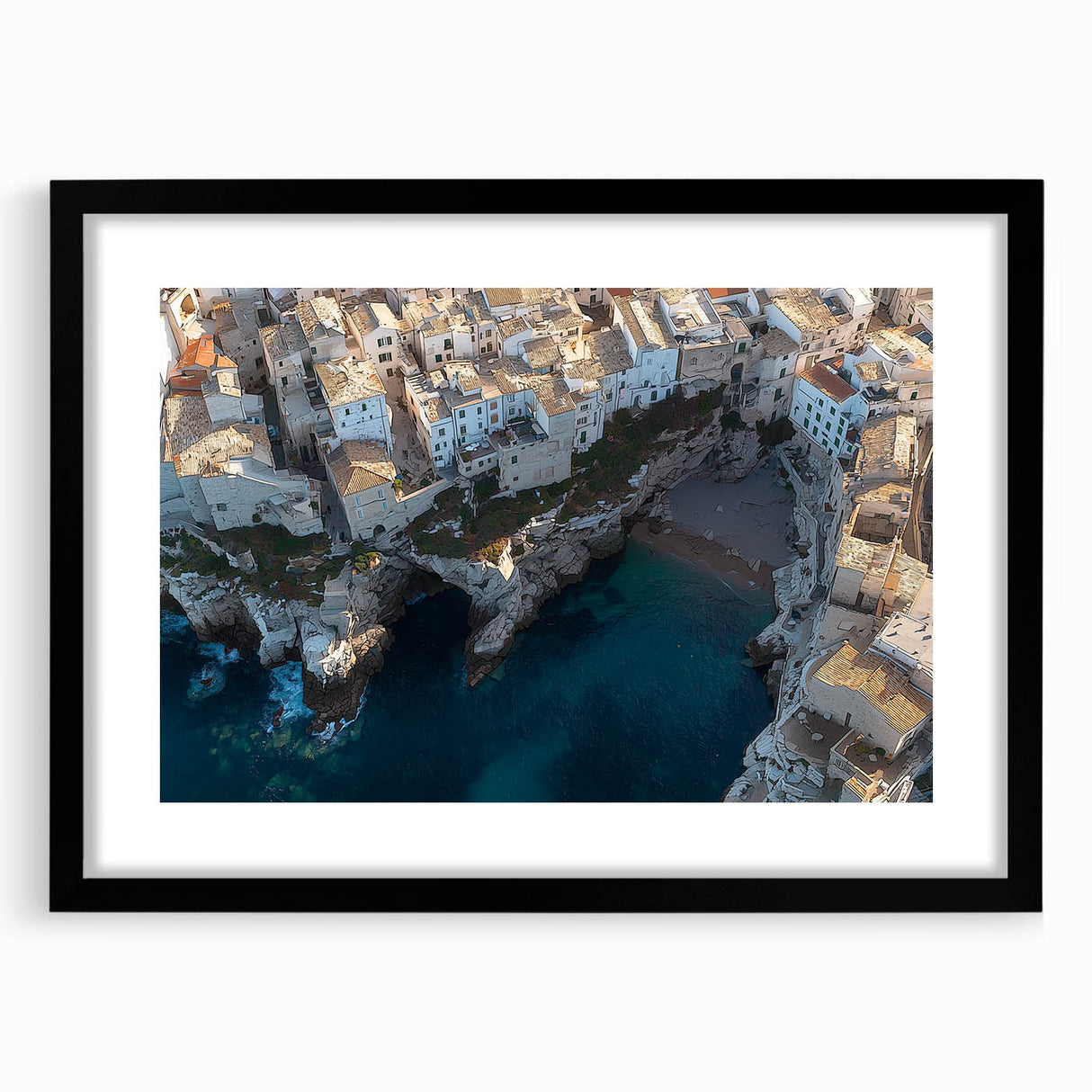 Framed black landscape artwork depicting dramatic cliffs with a mat, showcasing intricate details and textures, perfect for modern home decor.
