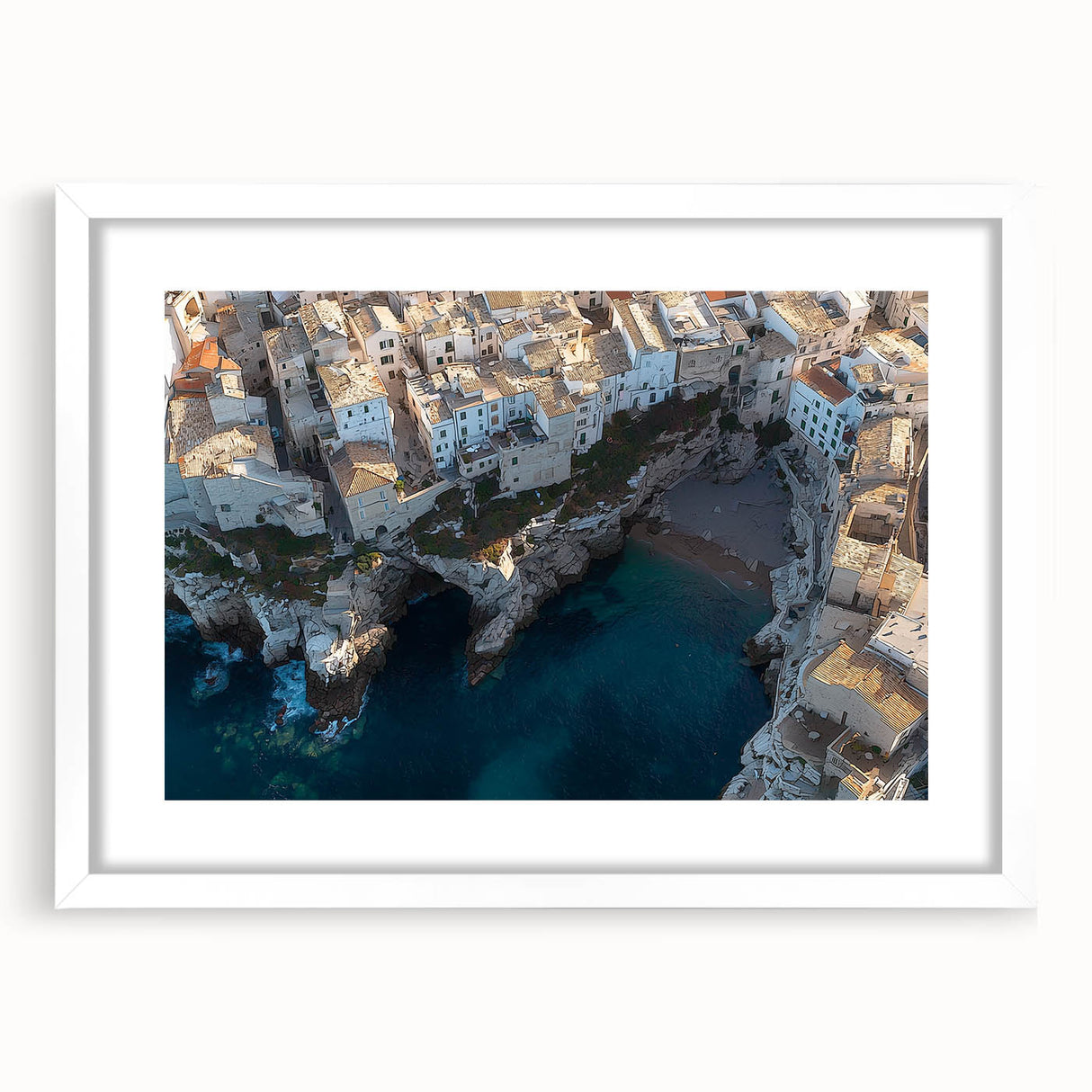 Framed landscape artwork showcasing dramatic cliffs against a serene sky, featuring a white mat for an elegant presentation, perfect for enhancing home decor.