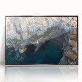 Framed acrylic artwork showcasing a vibrant landscape of cliffs under a clear blue sky, accented by silver framing, perfect for modern home decor.