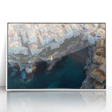 Framed acrylic artwork showcasing a stunning landscape of cliffs, with vibrant colors and intricate details, perfect for home decor. The sleek white frame adds elegance, enhancing any interior space.