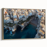 Framed canvas showcasing a stunning landscape of majestic cliffs in vibrant colors, accented with a gold frame, perfect for enhancing home decor with natural beauty.