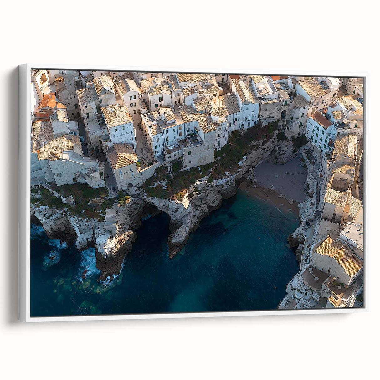 Framed canvas artwork showcasing a breathtaking landscape of rugged cliffs, featuring vibrant colors and intricate details, set against a minimalist white frame. Ideal for enhancing home decor and evoking a sense of adventure.