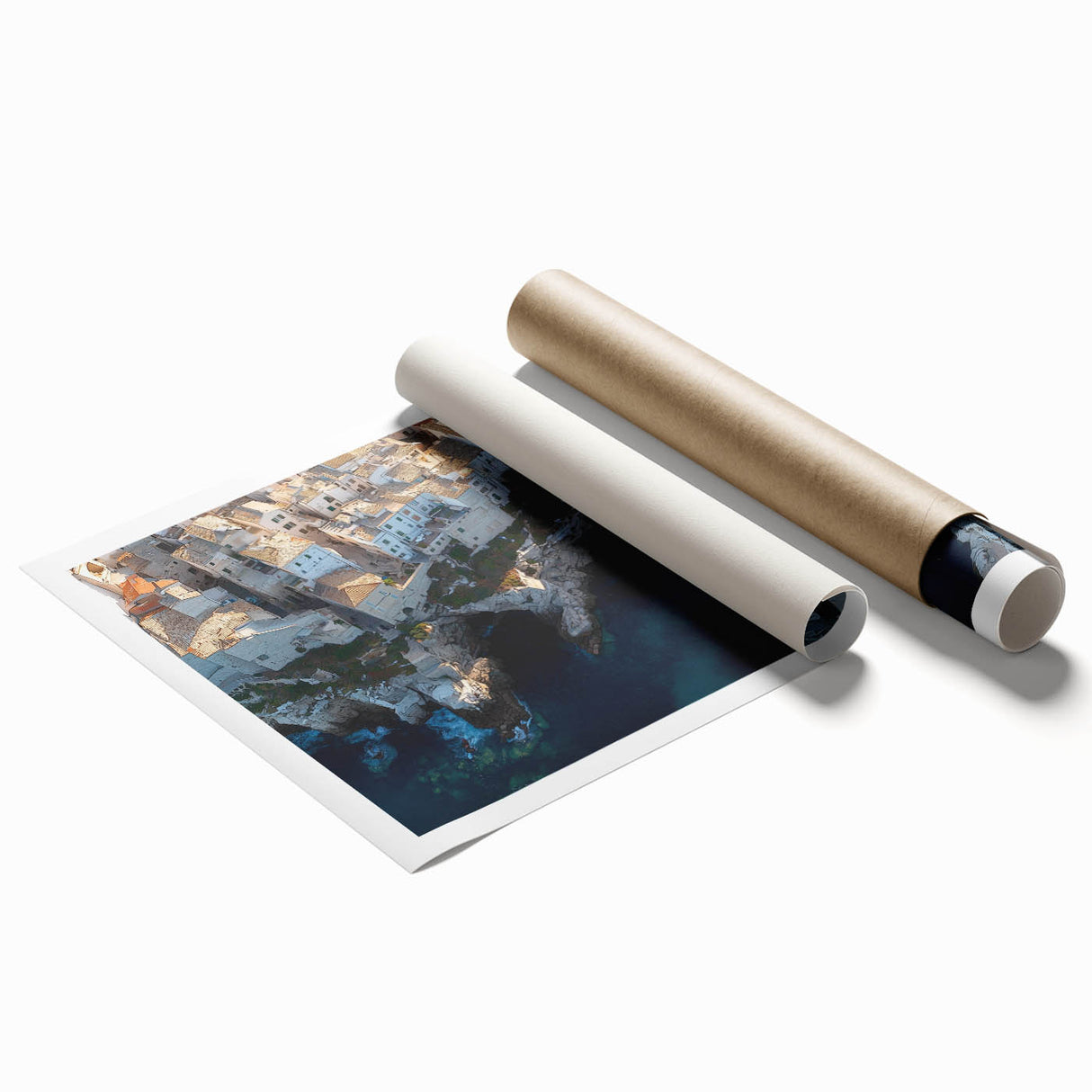 Stunning landscape print showcasing dramatic cliffs and a vibrant sunset, rolled and ready for display, perfect for nature enthusiasts and home decor.