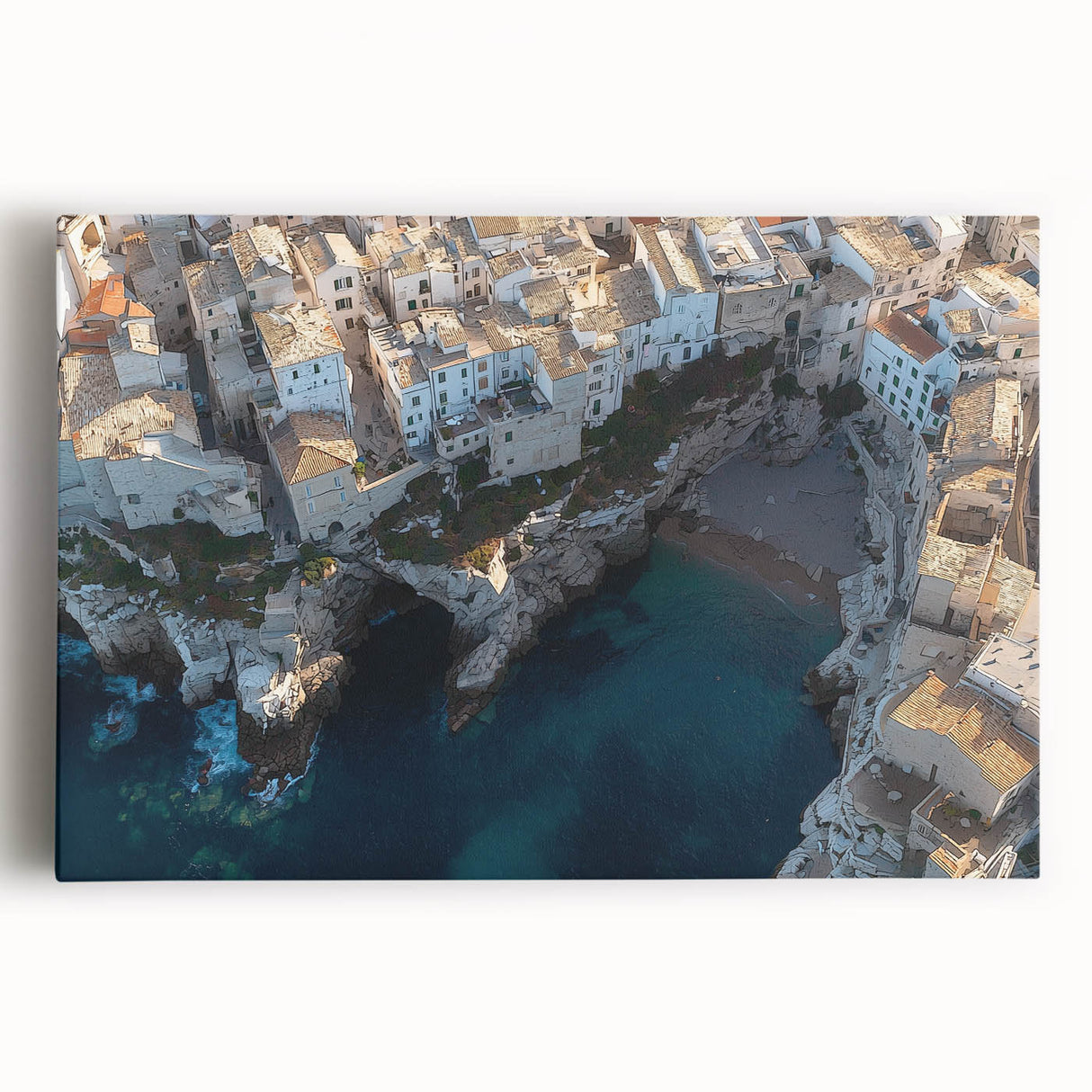 Stretched canvas artwork depicting a breathtaking landscape of majestic cliffs under a vibrant blue sky, ideal for home decor enthusiasts seeking nature-inspired themes.