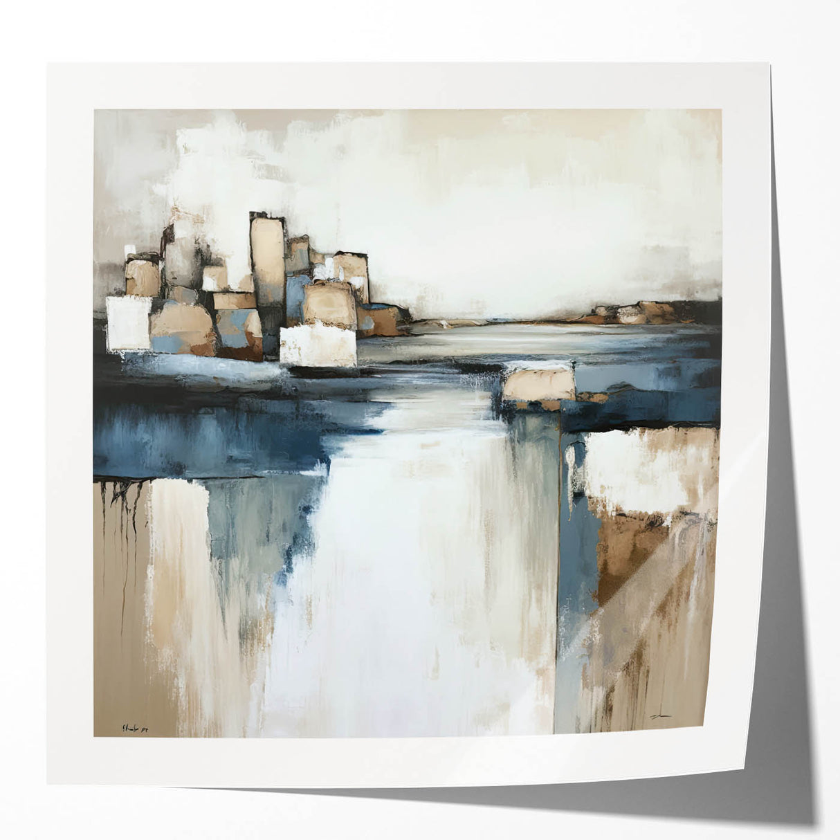 Abstract architectural wall art print showcasing geometric shapes in vibrant colors, displayed in a glossy mockup setting, ideal for modern decor.