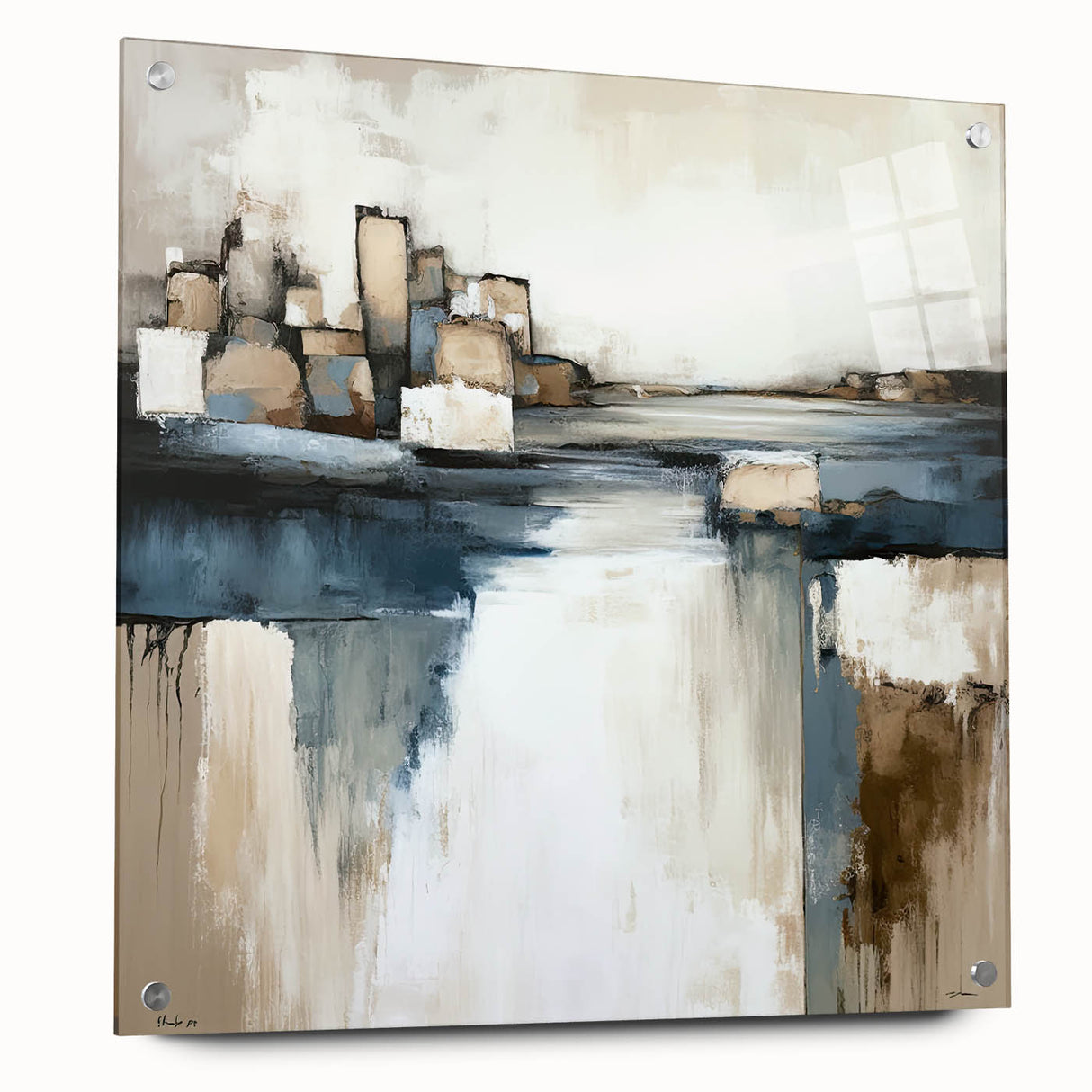 Abstract architectural wall art in a side view, made of acrylic glass, showcasing vibrant colors and geometric patterns, mounted with stylish pins for a modern decor accent. Perfect for contemporary interiors and art enthusiasts.