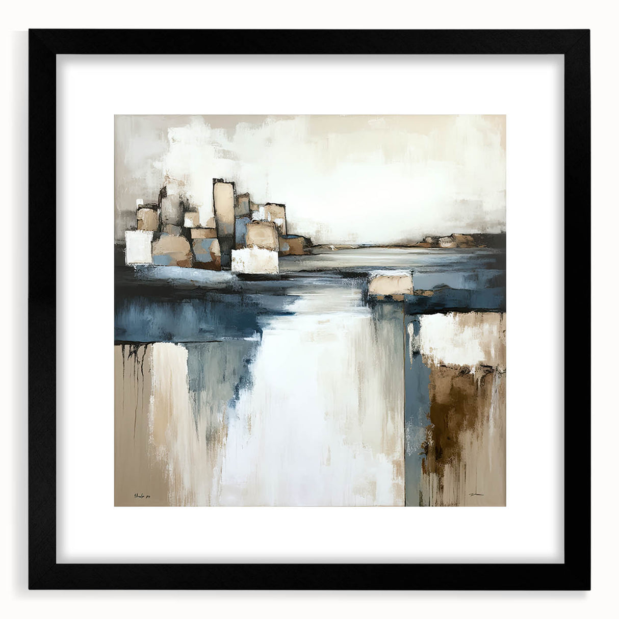 Abstract architecture wall art print framed in black, showcasing geometric shapes and lines against a neutral background, perfect for modern decor.