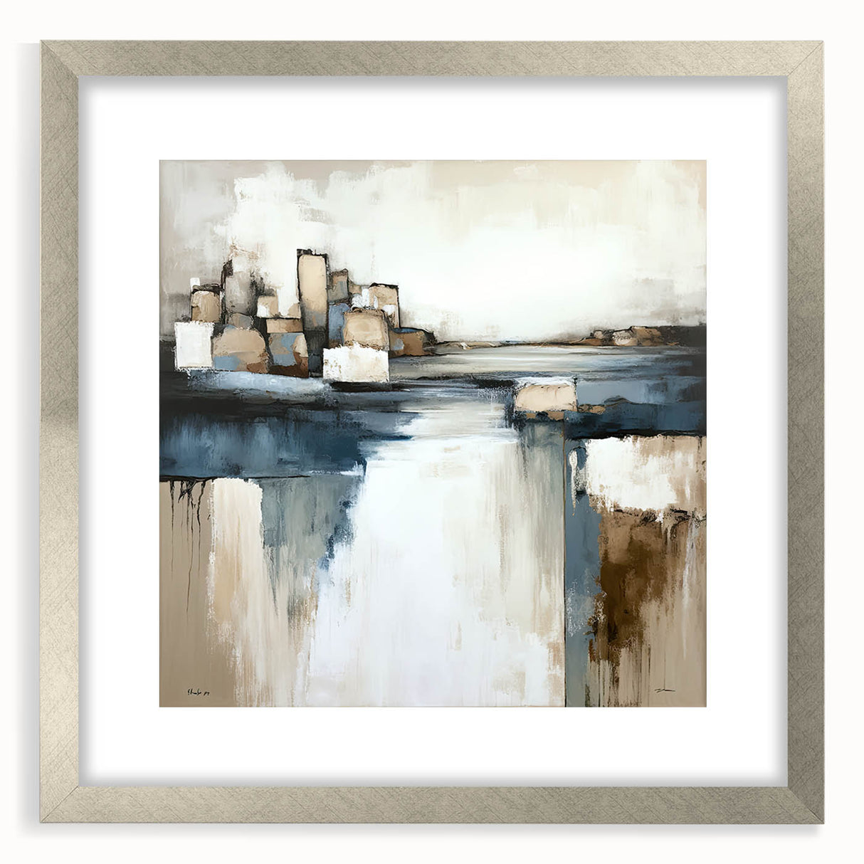 Abstract architecture wall art framed in silver with a mat, showcasing geometric designs in muted tones, perfect for modern interior decor.