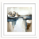 Abstract architectural wall art framed in white with a mat, showcasing geometric shapes and soft colors, perfect for modern home decor and aesthetic enhancement.