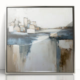 Framed abstract architecture wall art in silver acrylic, showcasing geometric patterns and a sleek modern design, perfect for contemporary decor.