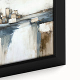 Abstract architectural wall art featuring geometric shapes and muted colors, framed for display. The design showcases modern aesthetics with a textured surface.