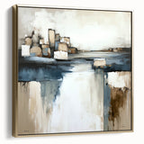 Framed canvas wall art depicting abstract architecture in silver and gold hues, showcasing geometric shapes and modern design elements, perfect for contemporary decor.