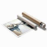 Abstract architectural wall art print showcasing geometric shapes in bold colors, rolled and ready for display, emphasizing modern design aesthetics.